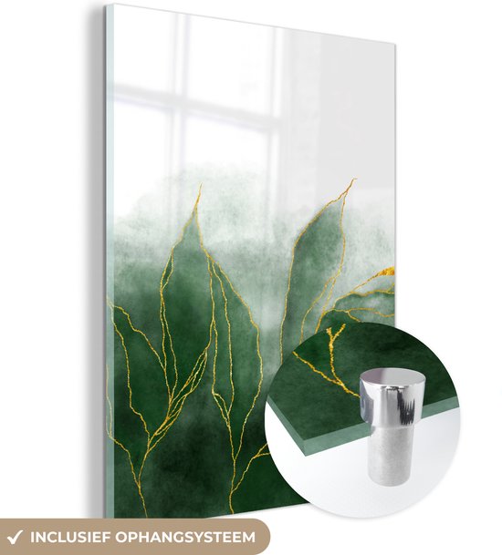 MuchoWow® Glasschilderij 90x120 cm - Schilderij acrylglas - Marmer - Groen - Luxe - Goud - Marmerlook - Foto op glas - Schilderijen