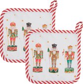 HAES DECO - Set van 2 Pannenlappen - formaat 20x20 cm - kleuren Wit / Rood / Groen / Bruin - van 100% Katoen - Collectie: Happy Little Christmas - Kerst Pannenlap
