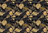 Fotobehang - Vlies Behang - Zwarte en Gouden Jungle Bladeren - Botanisch - Tropsich - 416 x 254 cm
