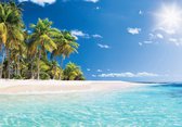 Fotobehang - Vlies Behang - Tropisch Strand met Palmbomen aan Zee - 832 x 254 cm