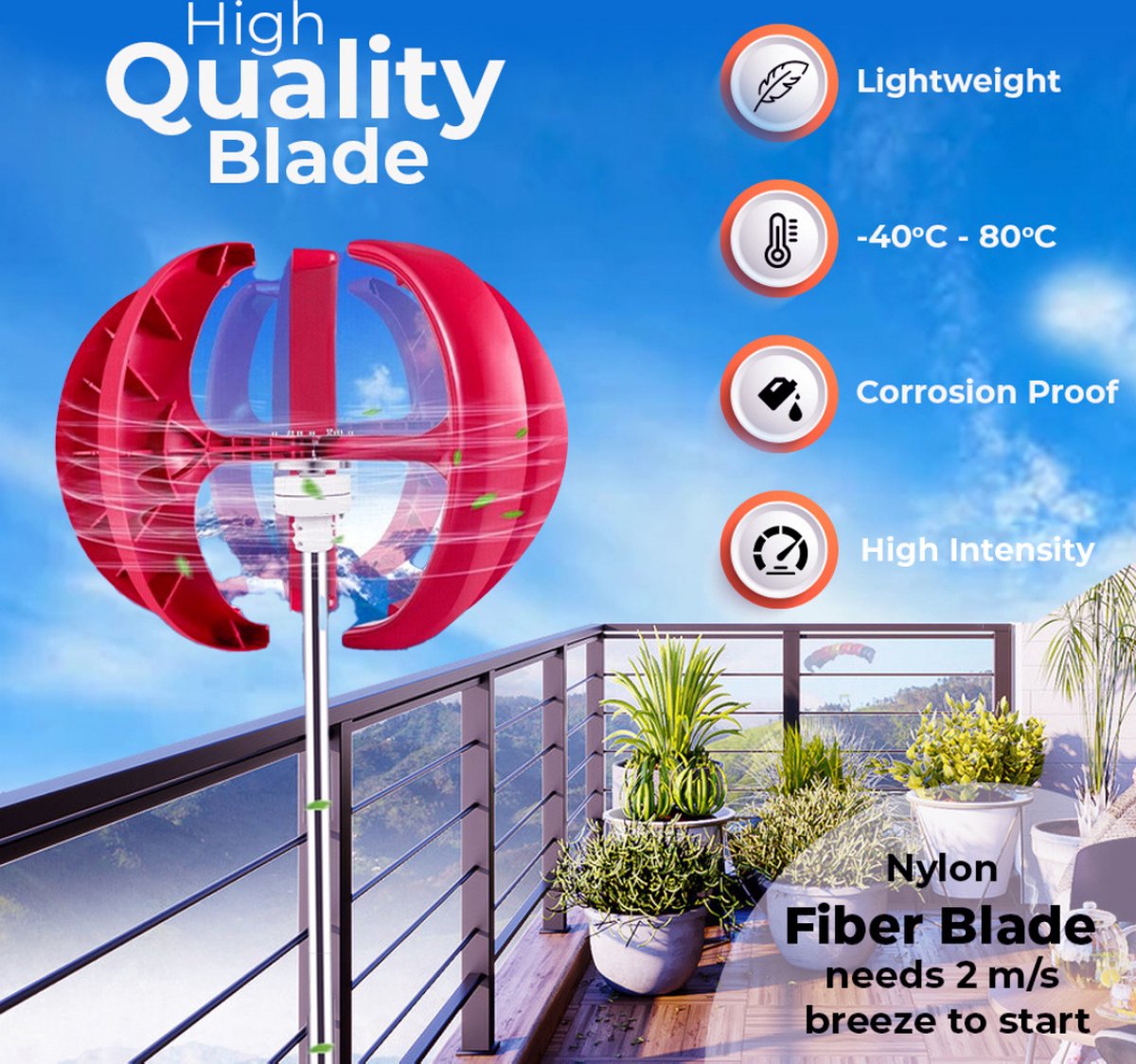 OUKANING Vertical Wind Turbine, Nylon Fiber Blades, Automatic Braking