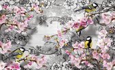 Papier peint photo - Papier peint intissé - Fleurs de cerisier et mésanges charbonnières - Mésanges charbonnières et Fleurs - Vogels - 416 x 254 cm