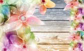 Fotobehang - Vlies Behang - Kleurrijke Bloemen op Houten Planken - 416 x 254 cm