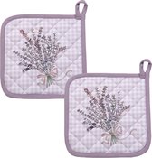 HAES DECO - Set van 2 Pannenlappen - formaat 20x20 cm - kleuren Paars / Wit - van 100% Katoen - Collectie: Lavender Garden - Pannenlap