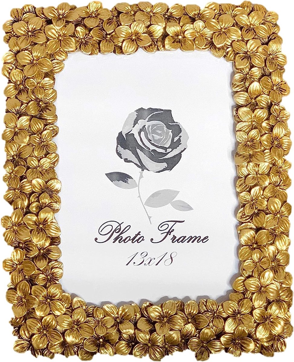 Fotolijst, fotolijst 13 x 18 cm - goud - staand tafelframe met bloemen - vintage, antiek, barok en modern - fotolijst met glasplaat - decoratie voor je woning