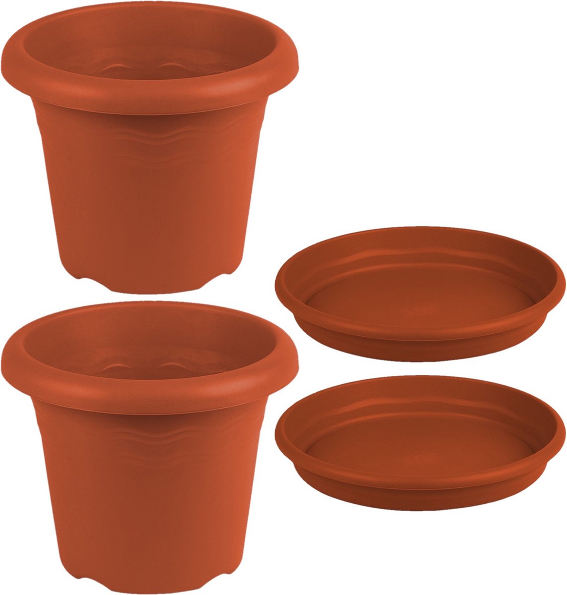 2x stuks ronde plantenpotten terra cotta met opvangschaal met diameter 26 cm - Kunststof - Buiten gebruik