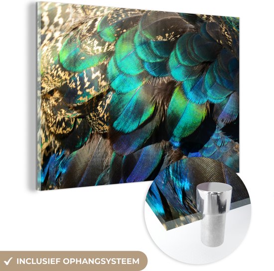 MuchoWow® Glasschilderij 120x80 cm - Schilderij acrylglas - Veren - Pauwveren - Pauw - Blauw - Kunst - Foto op glas - Schilderijen