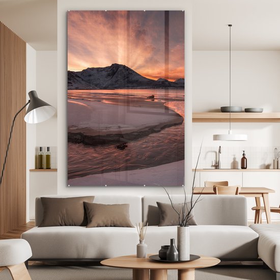 Peinture sur verre - Montagnes - Neige - Paysage - Coucher de soleil - Oranje - Photo sur verre - 120x180 cm - Peinture sur verre - Plaque de Verres - Décoration murale