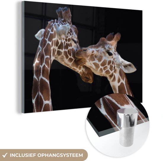 Glasschilderij - Giraffe - Dieren - Zwart - Portret - Glazen plaat - Schilderij glas - Wanddecoratie - 90x60 cm - Foto op glas