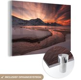 Peinture sur verre - Montagnes - Neige - Paysage - Coucher de soleil - Oranje - Photo sur verre - 180x120 cm - Peinture sur verre - Plaque de Verres - Décoration murale