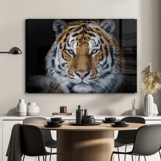 MuchoWow® Peinture sur verre 90x60 cm - Peinture sur verre acrylique - Tigre - Neige - Zwart - Photo sur verre - Peintures
