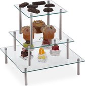 Relaxdays taartplateau glas - 3-delig - vierkant - high tea etagere - cupcakes - op voet