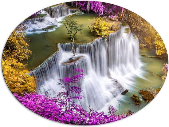 Dibond Ovaal - Bovenaanzicht van Hoge Watervallen omringd door Paars - 108x81 cm Foto op Ovaal (Met Ophangsysteem)