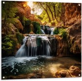 Tuinposter – Kleine Watervallen bij de Rotsen in het Bos - 100x100 cm Foto op Tuinposter (wanddecoratie voor buiten en binnen)