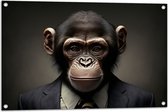 Tuinposter – Portretfoto van Chimpansee Aap in Zakelijk Pak met Gestreepte Stropdas - 90x60 cm Foto op Tuinposter (wanddecoratie voor buiten en binnen)