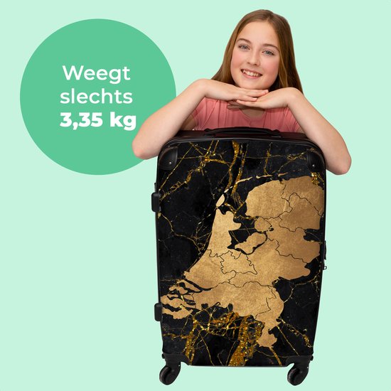 NoBoringSuitcases.com® Valise grande - Carte - Nederland Goud - Marbre - Or - Aspect marbre - Valise trolley avec serrure TSA - Avec roulettes - 90 litres - Valise de voyage - 66 cm - Hardcase