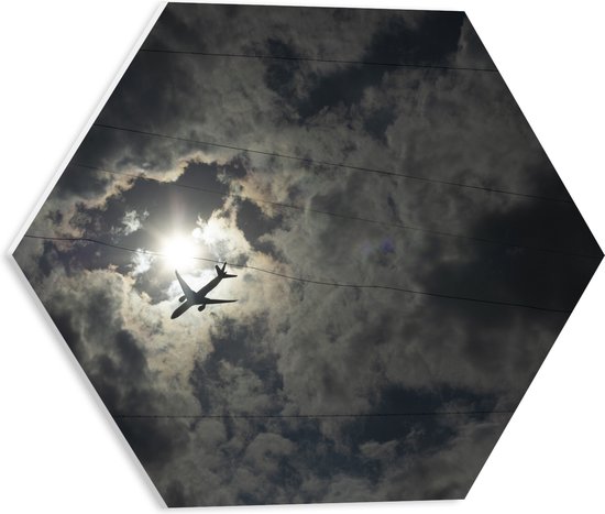 PVC Schuimplaat Hexagon - Passagiersvliegtuig Zwemmend bij de Zon langs de Wolken - 40x34.8 cm Foto op Hexagon (Met Ophangsysteem)