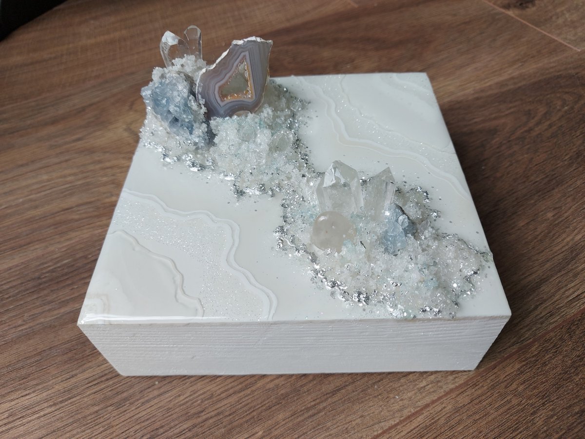 3x Mini Celestite Geode Epoxy Schilderijen - Geode Kunst - Kristallen Kunst