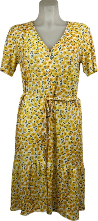 Angelle Milan – Travelkleding voor dames – Gele Bloemenjurk met Strik – Ademend – Kreukherstellend – Duurzame jurk - In 4 maten - Maat XL