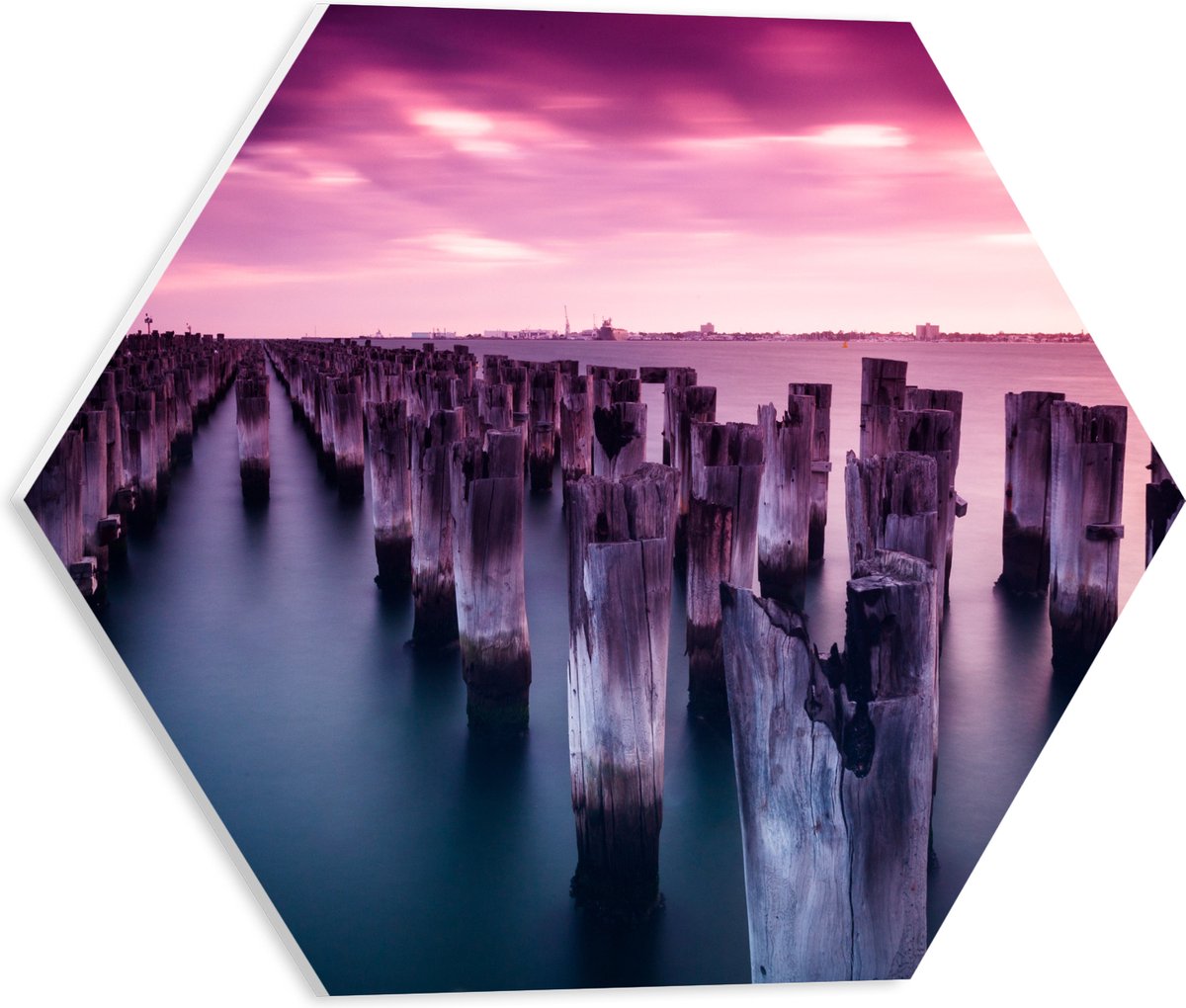 PVC Schuimplaat Hexagon - Palen - Water - Hout - Zee - Kleuren - 40x34.8 cm Foto op Hexago