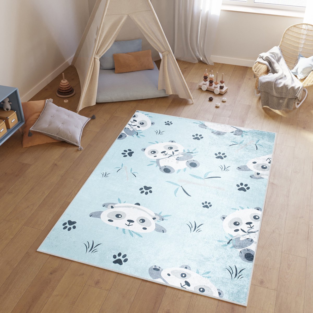 Tapiso Emma Vloerkleed Kinderkamer Blauw Panda Baby Kinderen Speelmat- 120x170 Blauw 10
