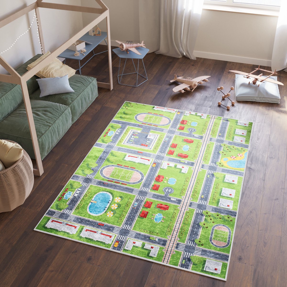 Tapiso Emma Vloerkleed Kinderkamer Jeugdkamer Groen Straat Tapijt- 140x200 Groen 2