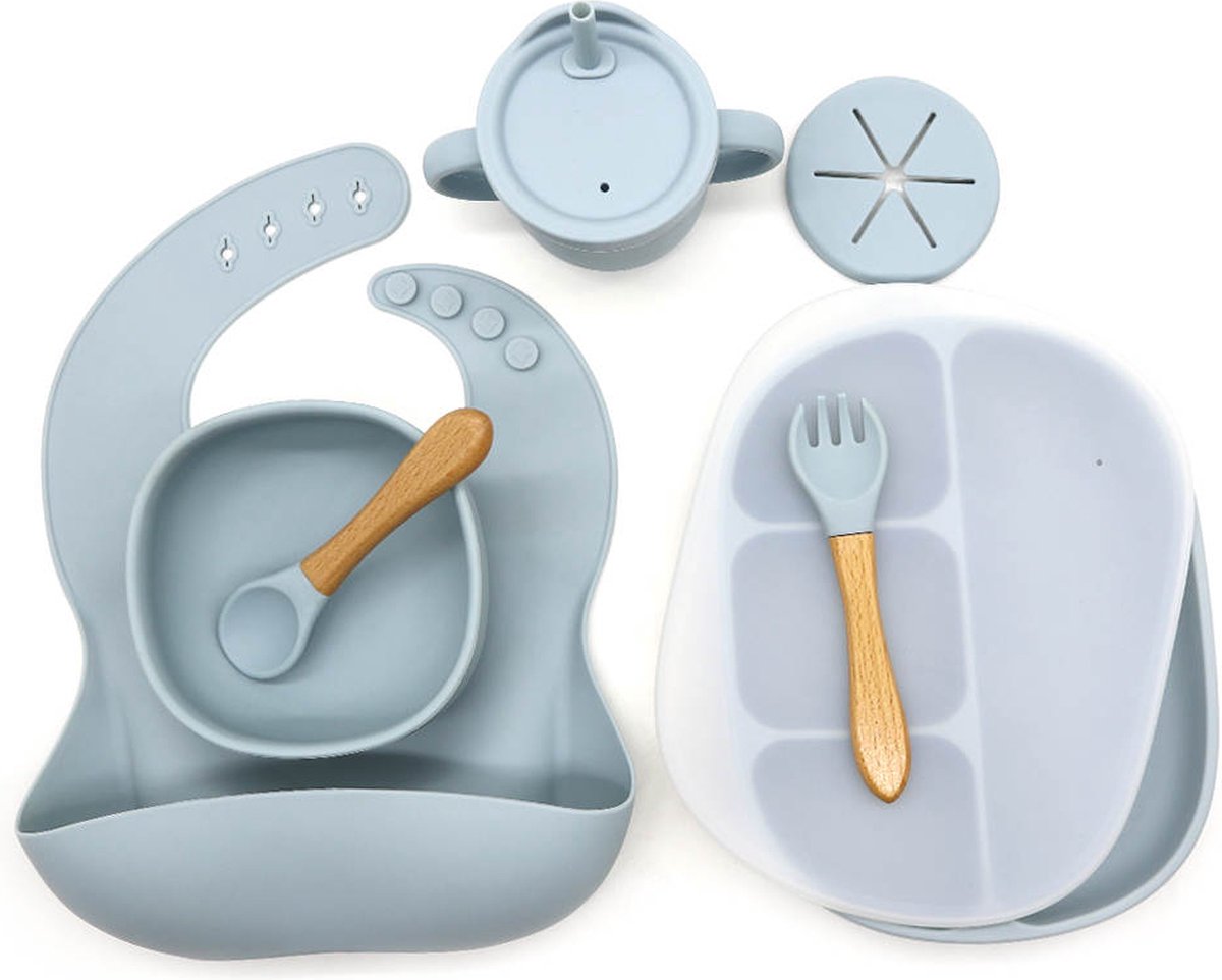 Goedkoopste Kersvers - siliconen baby servies - kinderbord - baby bord - slabbetje - antislip - blauw - kraamcadeau - giftset – kinderbestek – BPA vrij - Baby beker