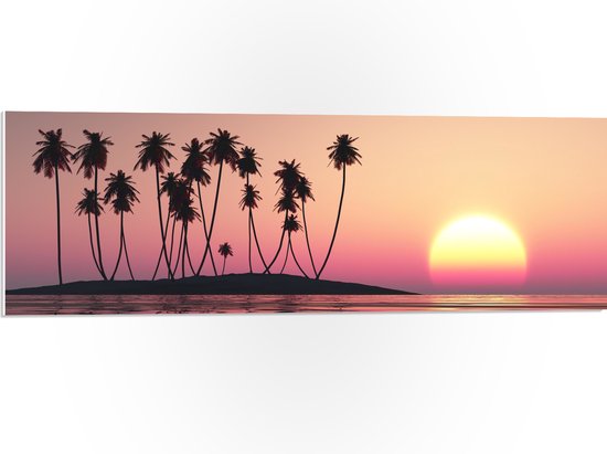 PVC Schuimplaat - Silhouet van Bomen op Eiland bij Ondergaande Zon - 90x30 cm Foto op PVC Schuimplaat (Met Ophangsysteem)