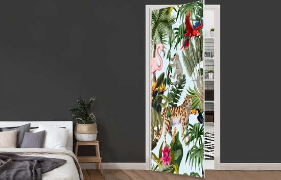 Sticker pour porte Jungle - Animaux - Filles - Enfants - Garçons - Flamingo - Perroquet - 85x215 cm - Poster de porte