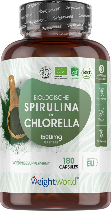 WeightWorld Biologische Spirulina en Chlorella capsules - 1500 mg - 100% puur poeder afkomstig uit algen - 180 capsules voor 3 maanden