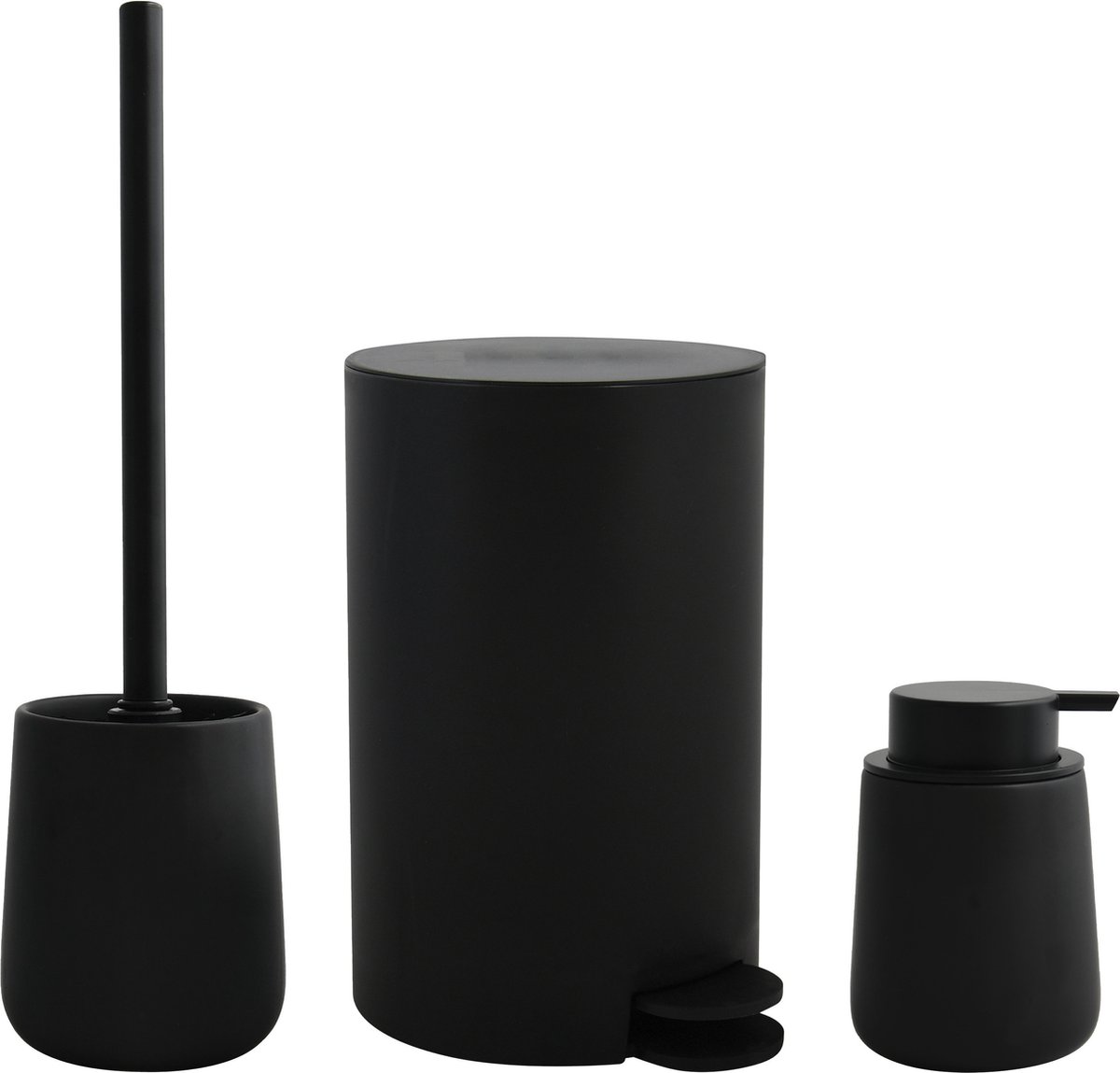 MSV Toiletborstel in houder/zeeppompje/pedaalemmer - badkamer set Malmo - keramiek - zwart