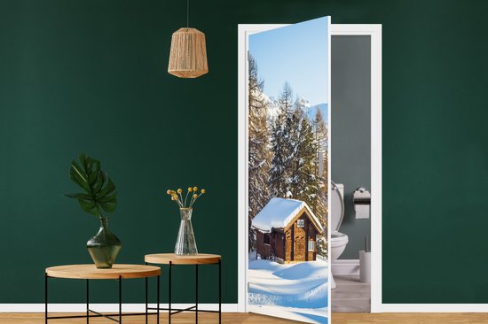 Sticker pour porte Cabane dans les montagnes suisses en hiver - 80x205 cm - Affiche de porte
