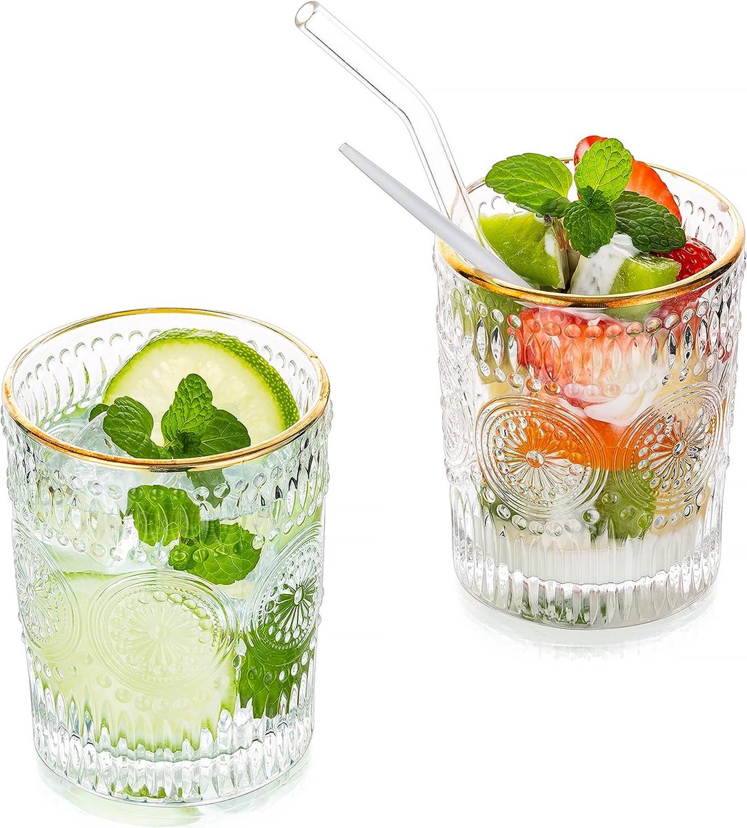 Wijnglazen 300 ml - kleurrijk en reliëf - set van 4 grijze vintage glazen voor sap