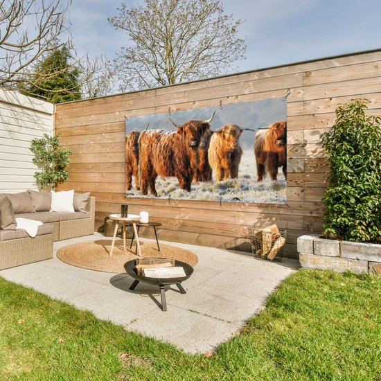 Décoration murale extérieur Highlanders écossais - Neige - Forêt - 160x80 cm