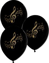 Santex muziek thema feest ballonnen - 24x stuks - 23 cm - zwart/goud - latex
