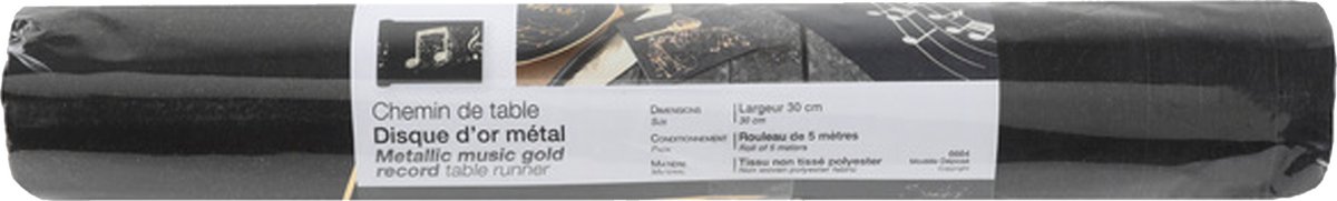 Santex muziek thema tafelloper op rol - 5 m x 30 cm - zwart/goud - non woven polyester