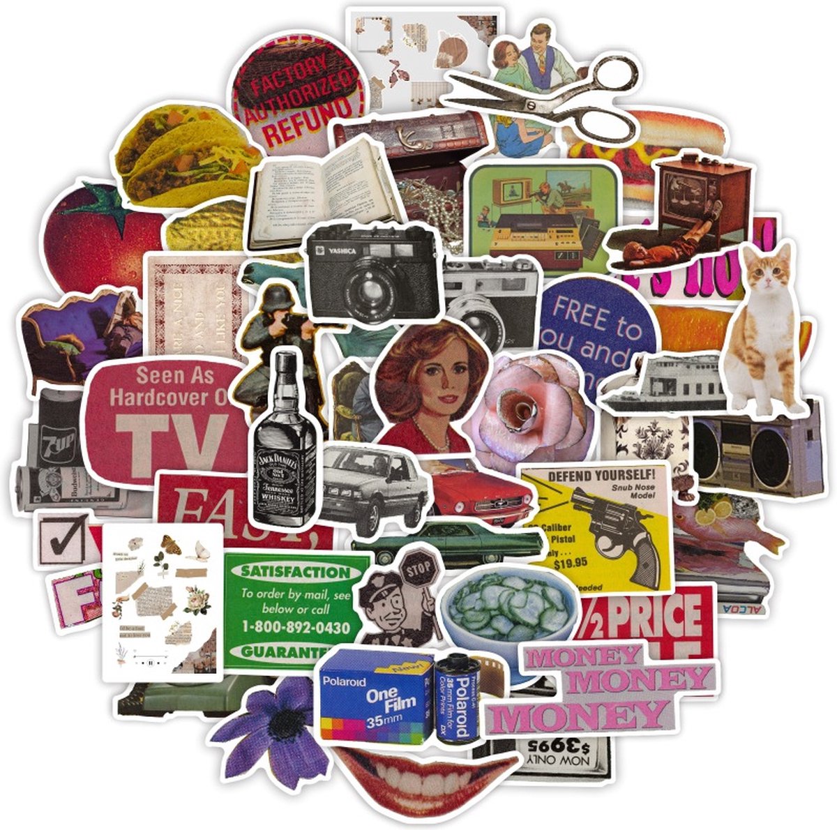 Retro Stickers Set – Jaren 80/90 – circa 4,5x5CM – 50 Vintage stickers voor laptop, scrapbook, fotoalbum, muur etc.