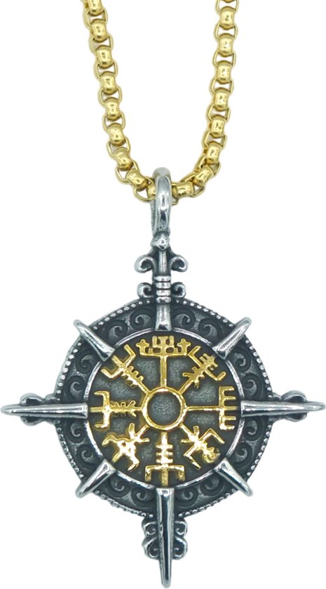 Viking Ketting - Vegvisir Kompas – Edelstaal - L 60 cm, B 3 mm - Hanger 4.7 x 2.5 cm