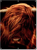 Tuinposter - Tuindoek - Tuinposters buiten - Schotse hooglander - Koe - Hoorns - Portret - Dieren - 90x120 cm - Tuin