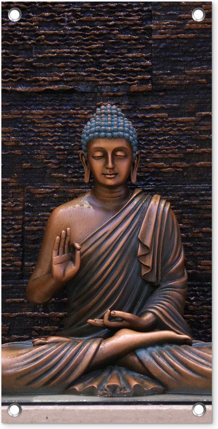 Tuinposter Boeddha - Buddha beeld - Bruin - Spiritueel - Meditatie - 30x60 cm - Tuindoek - Buitenposter