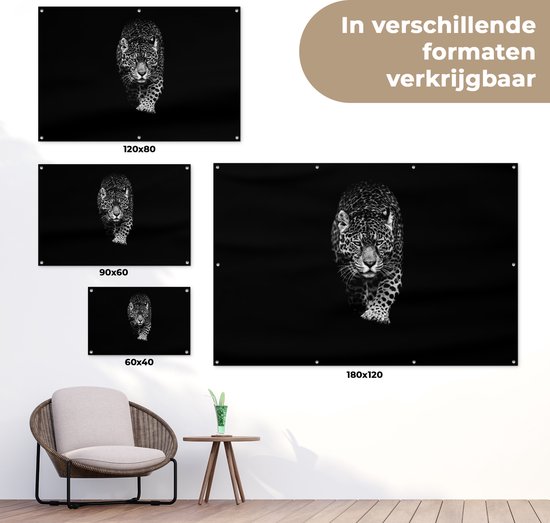 Décoration murale Animaux - Zwart - Léopard - Wit - Sauvage - 180x120 cm - Poster jardin - Toile jardin - Poster extérieur