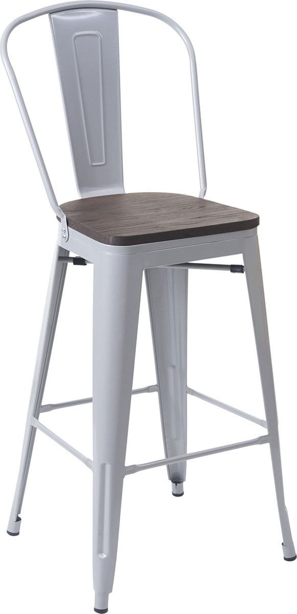 MCW Barkruk MCW-A73 incl. houten zitting, barkruk met rugleuning, metalen industrieel ontwerp ~ grijs