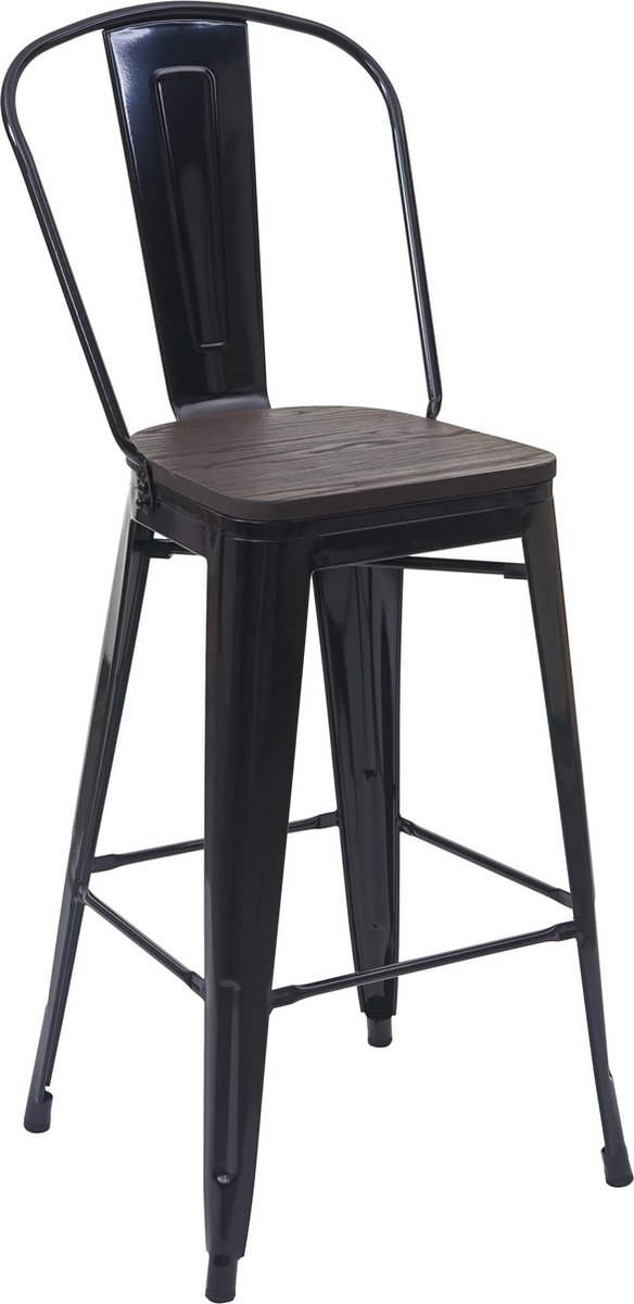 Barkruk MCW-A73 incl. houten zitting, barkruk met rugleuning, metalen industrieel ontwerp ~ zwart