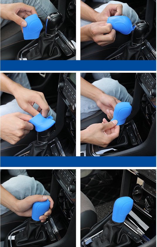 Blauwe pookknop van siliconen wordt op een versnellingspook in een auto gemonteerd.