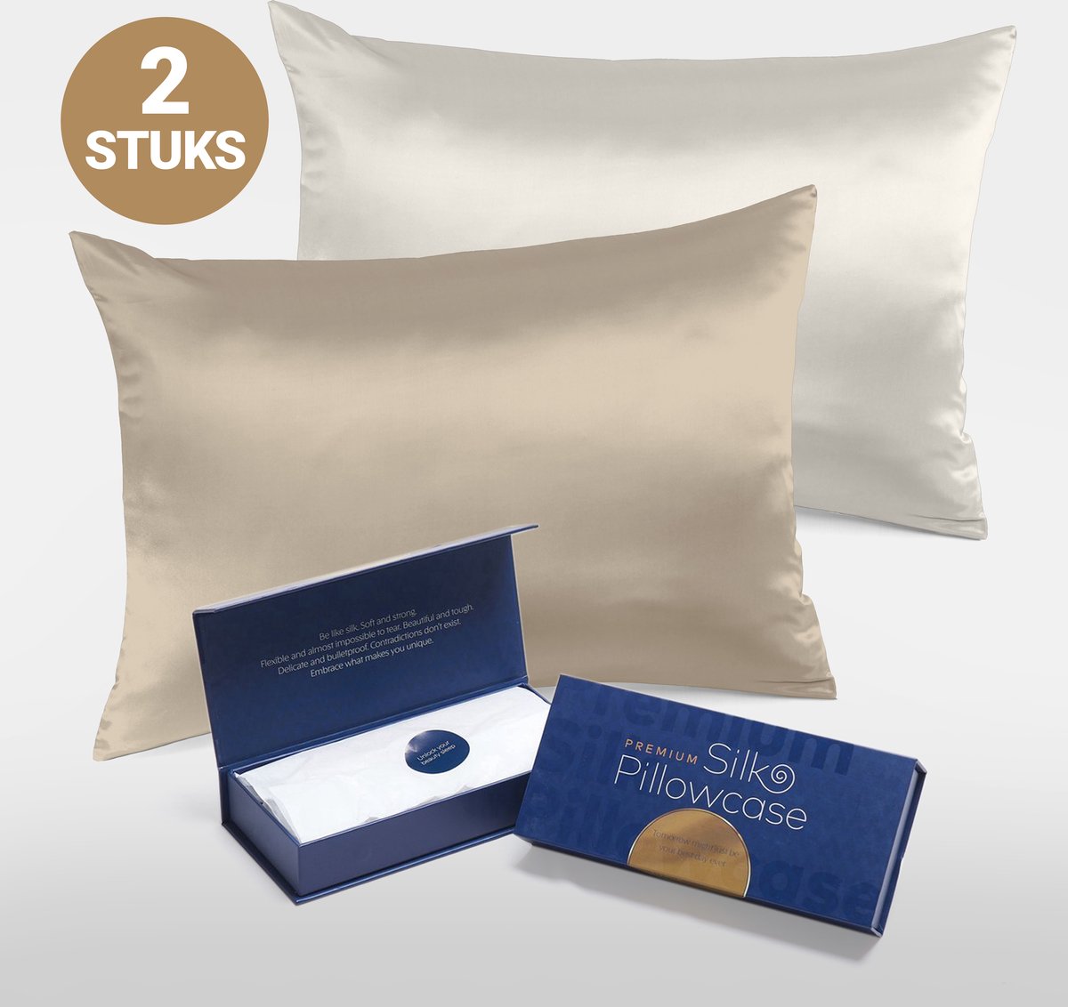 Slowwave Premium Silk Pillowcase - Extra voordelig colorpack: Champagne en Off-white (gebroken wit) - Ervaar het beste zijden kussensloop - 100% Mulberry zijde - 22 momme - Hoogste kwaliteit (grade 6A) - 60x70cm