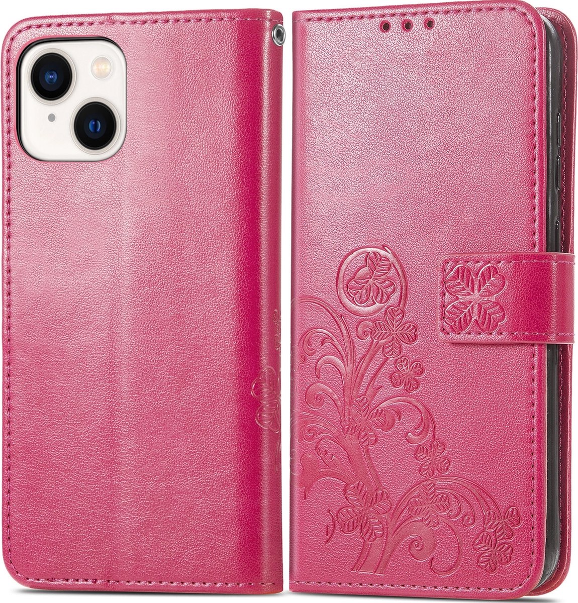 Mobigear Telefoonhoesje geschikt voor Apple iPhone 15 Plus Hoesje | Mobigear Clover Bookcase Portemonnee | Pasjeshouder voor 3 Pasjes | Telefoonhoesje voor Pinpas / OV Kaart / Rijbewijs - Magenta