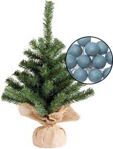 Mini kunst kerstboom groen - met verlichting bollen blauw - H45 cm