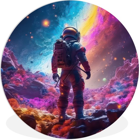 Espace cercle mural - Astronaute - Néon - Abstrait - Cercle mural intérieur - Décoration murale ronde - Cercle Décoration murale murale - Cercles muraux - Salon - 120x120 cm - Tableaux ronds - Décoration chambre - Chambre