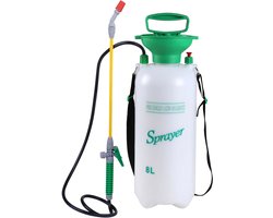 Sunnydays Plantenspuit met hoge druk sproeier en lange spuit - kunststof - 8 liter - wit/groen