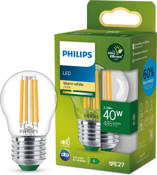 Philips Ultra Efficient LED kogellamp Transparant - 40 W - E27 - Warmwit licht
